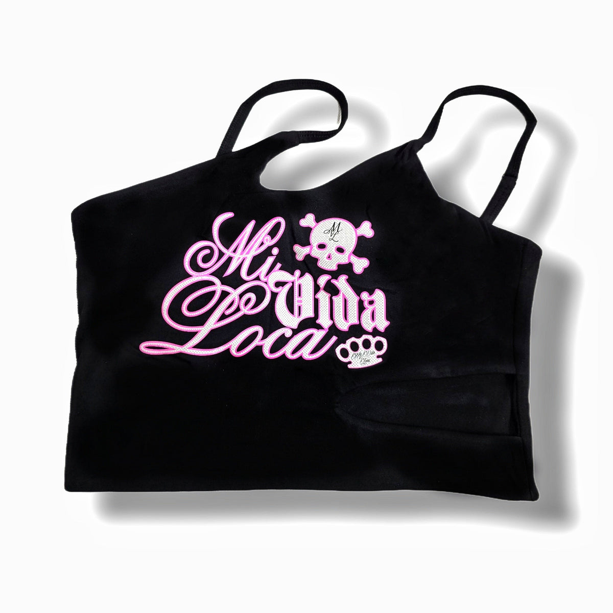 Fronte del top monospalla MVL Babe Skull nero con stampa rosa Mi Vida Loca e teschio