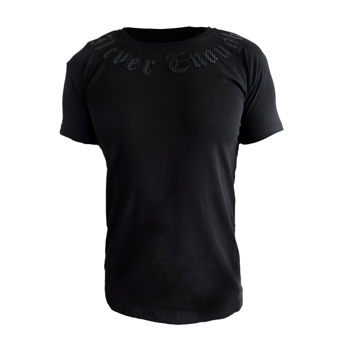 Fronte della T-shirt MVL Gold line Never enough nera con scritta intorno al colletto