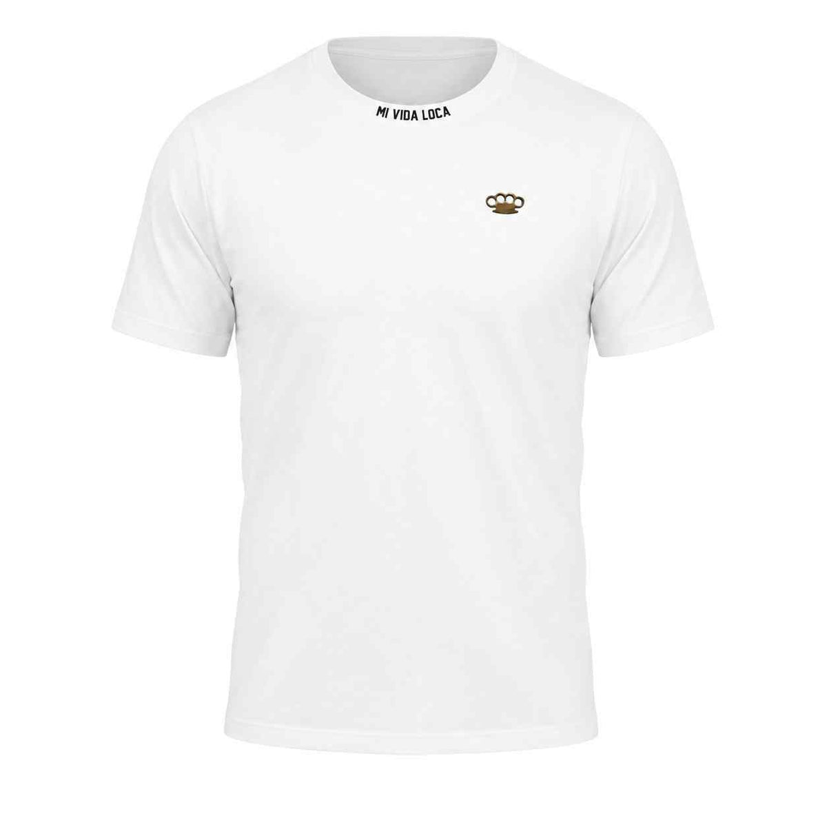 MVL FTS T-shirt in white, front with small gold MVL logo and Mi Vida Loca lettering at the neck