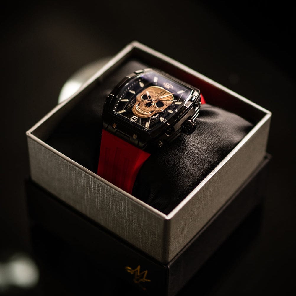 Reloj Mi Vida Loca Automatic skull watch negro/rojo con correa de silicona roja y esfera de calavera en la caja