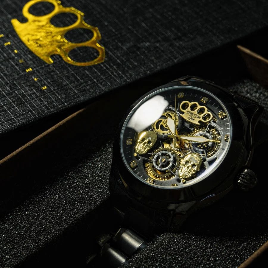 Reloj automático Mi Vida Loca Double skull negro mate con esfera esqueleto, en la caja MVL
