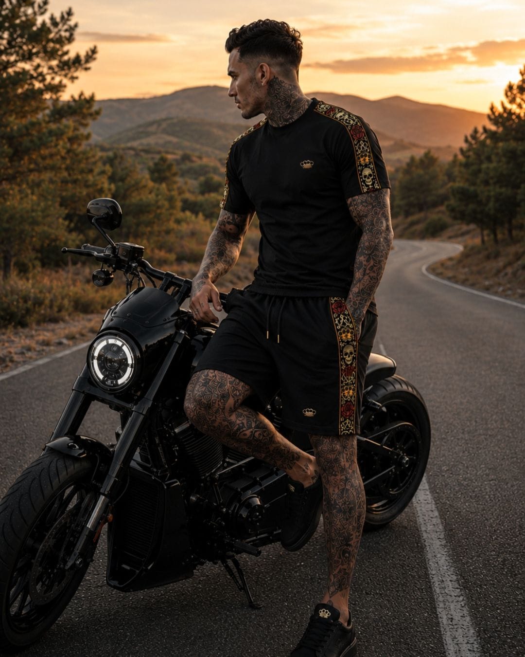 Koszulka Calavera czarna na modelu opartym o czarny motocykl, bok z haftowanym pasem