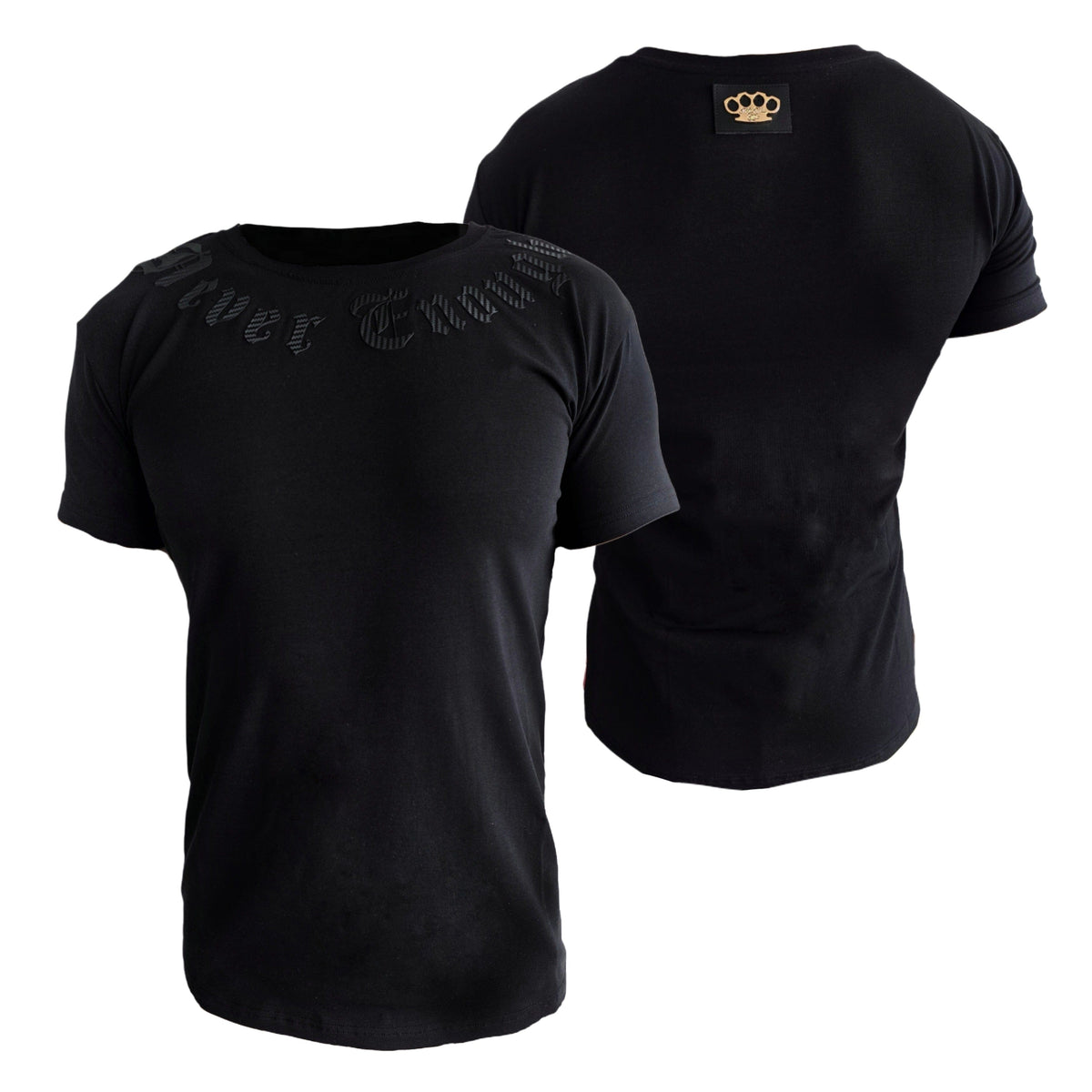 T-shirt Mi Vida Loca Gold line Never enough nera, fronte e retro con patch logo MVL