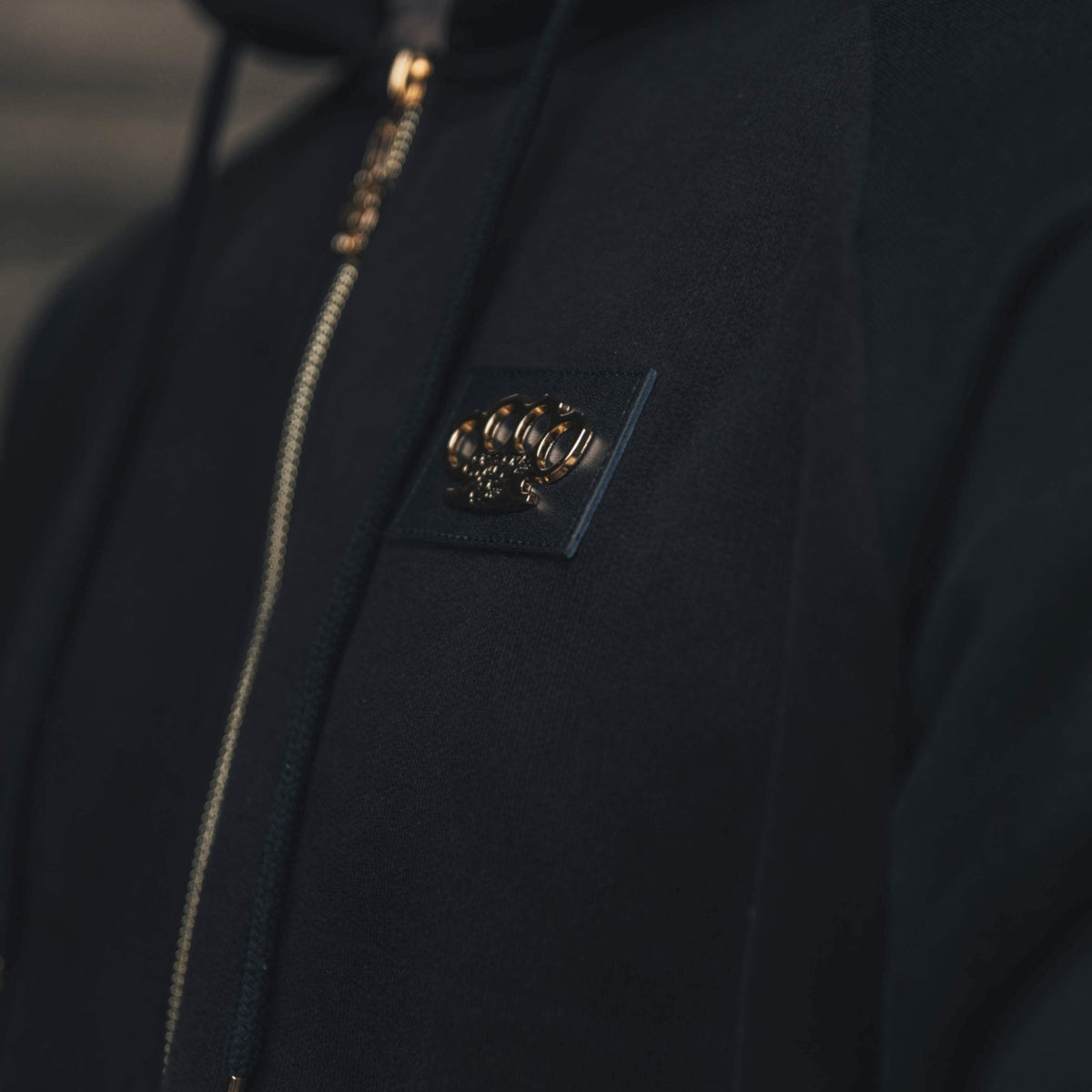 Close-up van het gouden MVL logo op de borst en de rits van de zwarte Meander hoodie