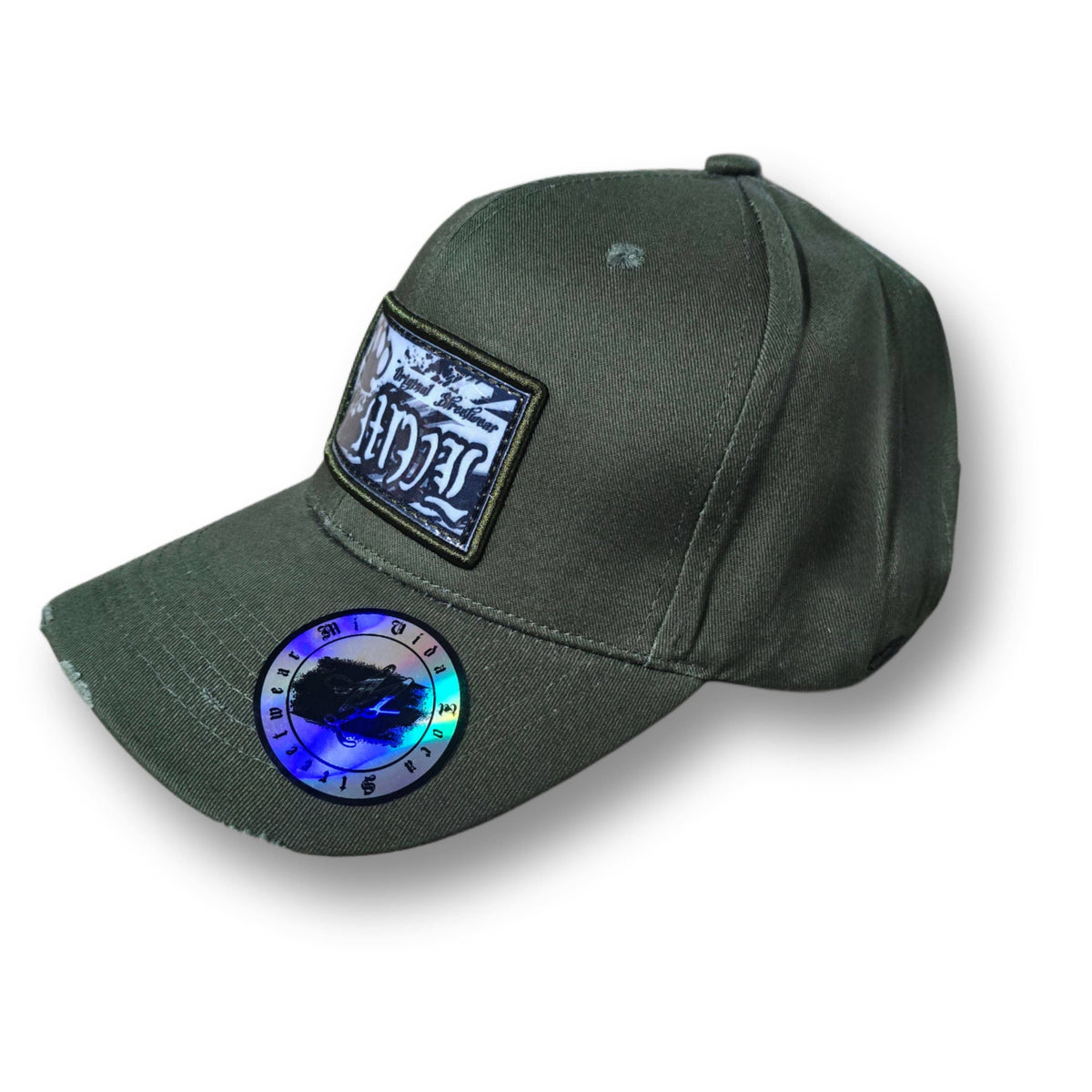 Casquette incurvée Mi Vida Loca Original streetwear vert armée avec patch logo et sticker holographique sur la visière