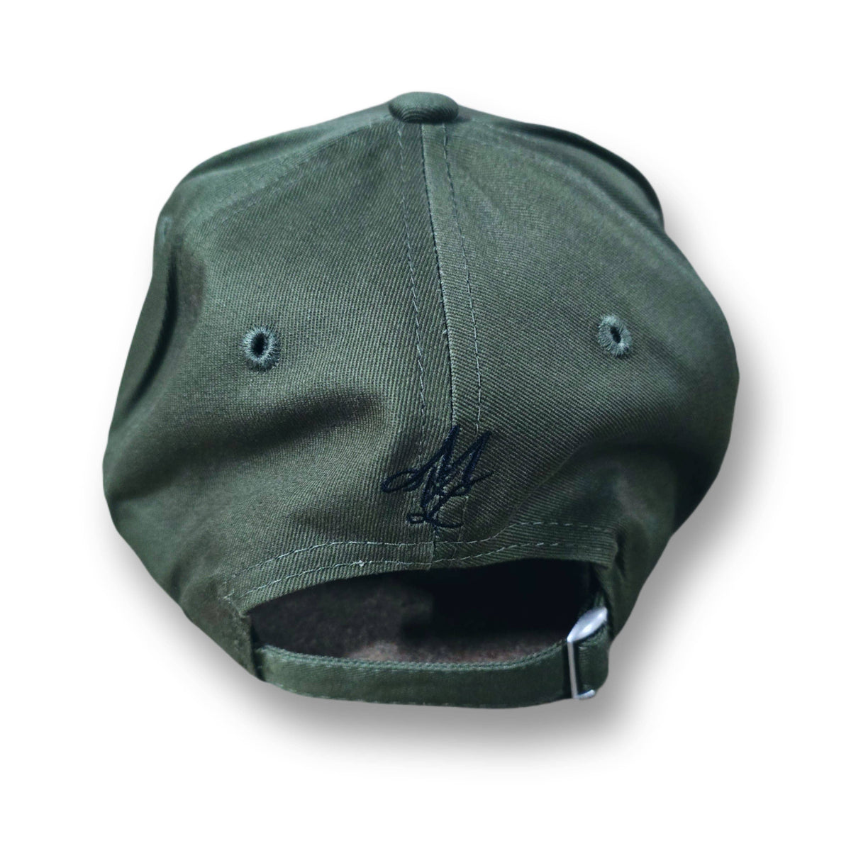 Casquette incurvée MVL Original streetwear vert armée, arrière avec monogramme MVL brodé et boucle en métal