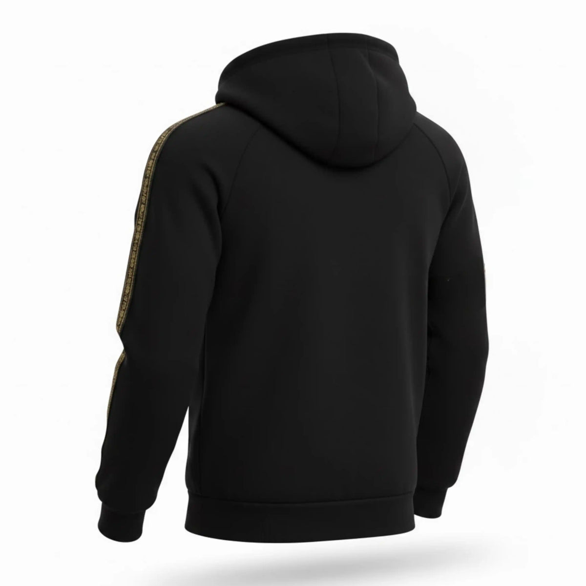 Achterkant van de zwarte MVL Meander hoodie met capuchon en gouden bies op de mouw