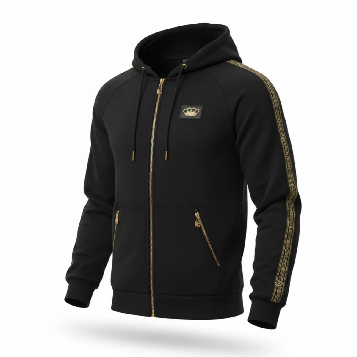 MVL Meander hoodie met rits in zwart, voorkant met gouden biezen en MVL logo patch op witte achtergrond