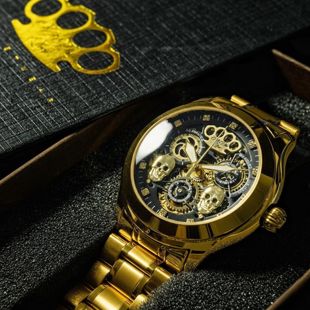 Mi Vida Loca Double skull automatisch horloge in goud met skeleton wijzerplaat en gouden skulls, in de doos