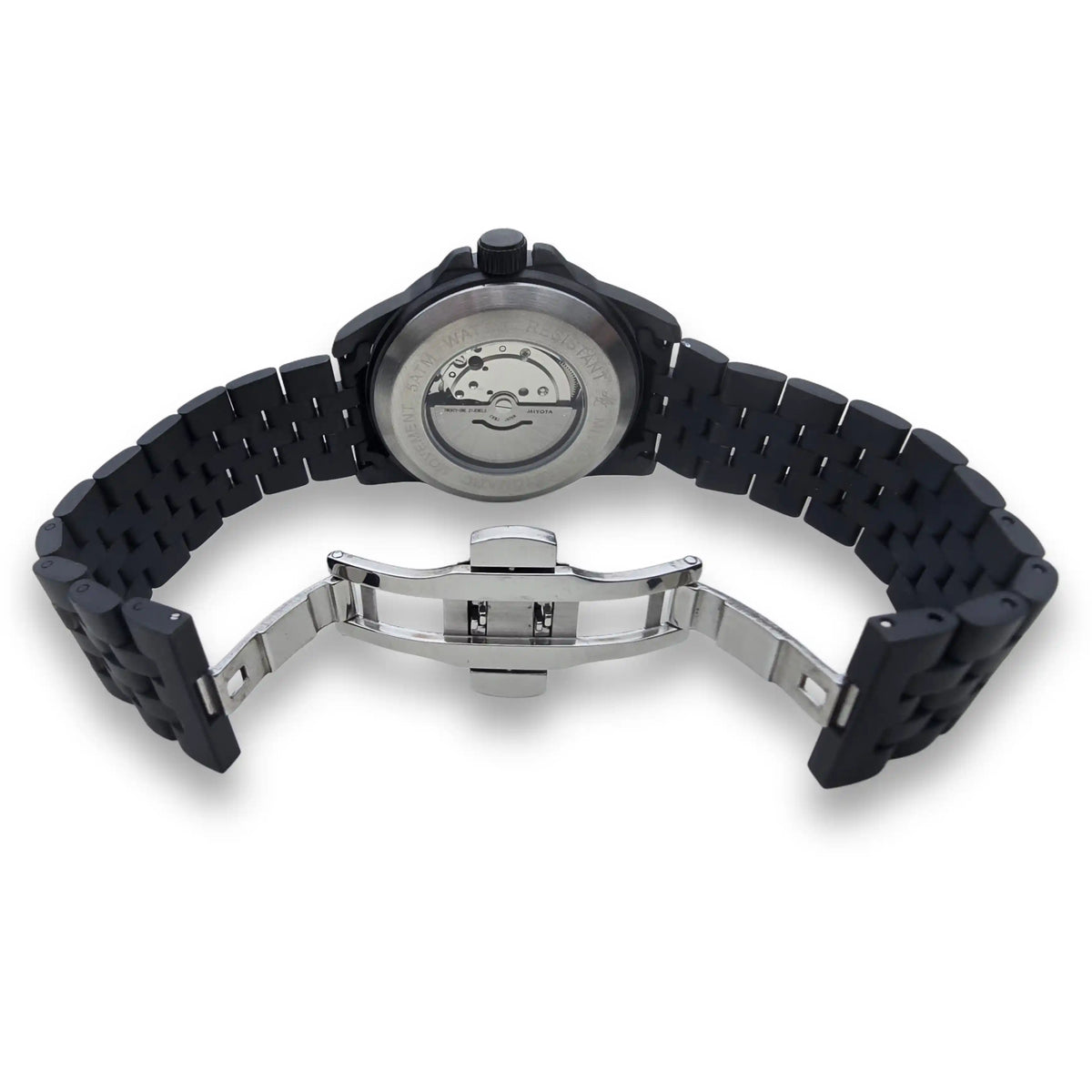 Dos de la montre MVL AK47 noire avec mouvement visible et boucle déployante argentée