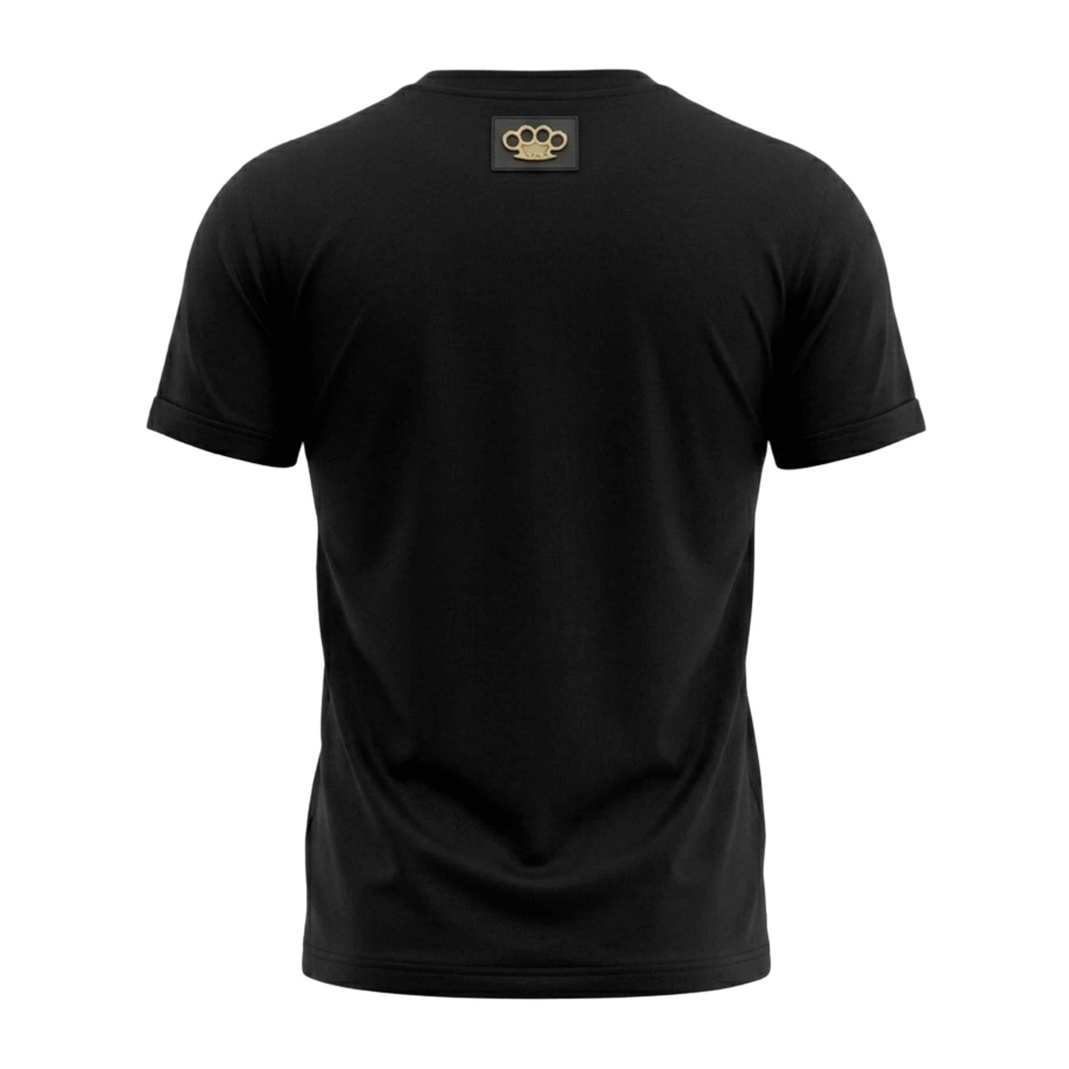MVL Defend your values T-shirt zwart, achterkant met gouden MVL logo-patch in de nek