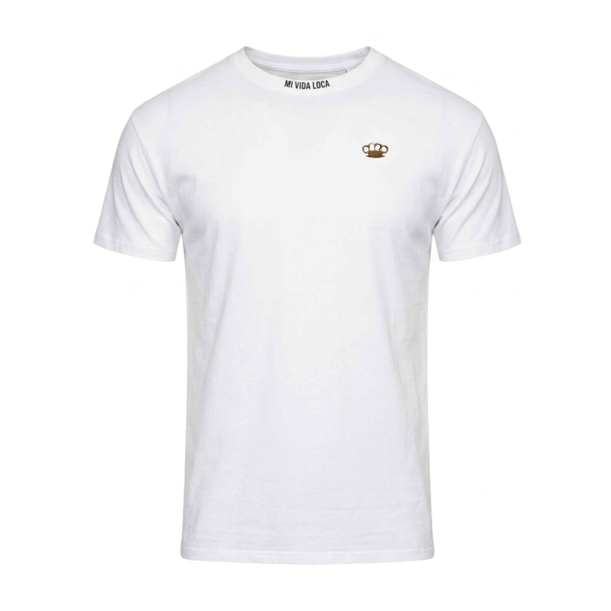 Front of the white MVL Ink addict T-shirt with small MVL logo on the chest and Mi Vida Loca at the neck