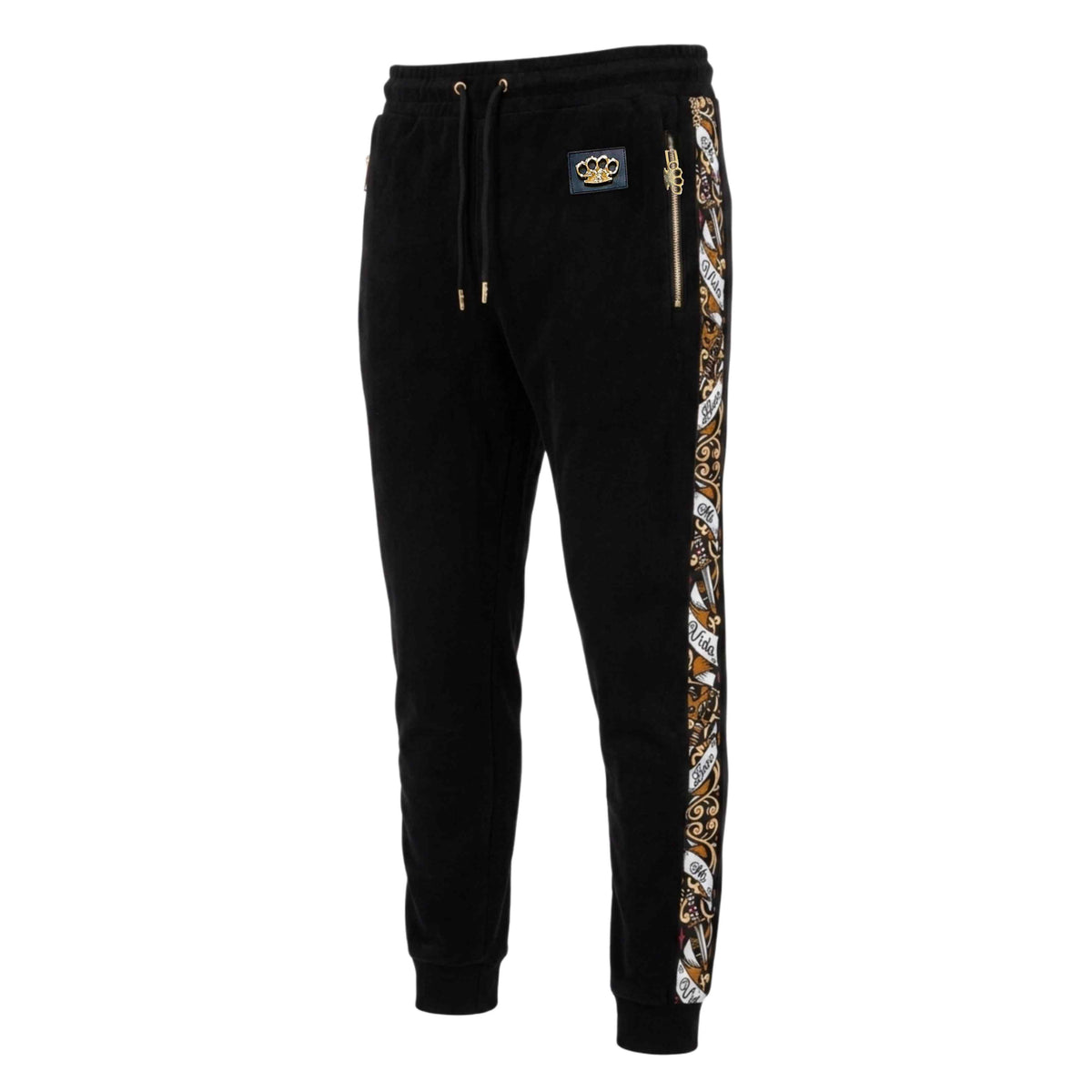 Mi Vida Loca Savage ornate tracksuit joggers in black with ornate side bands, front