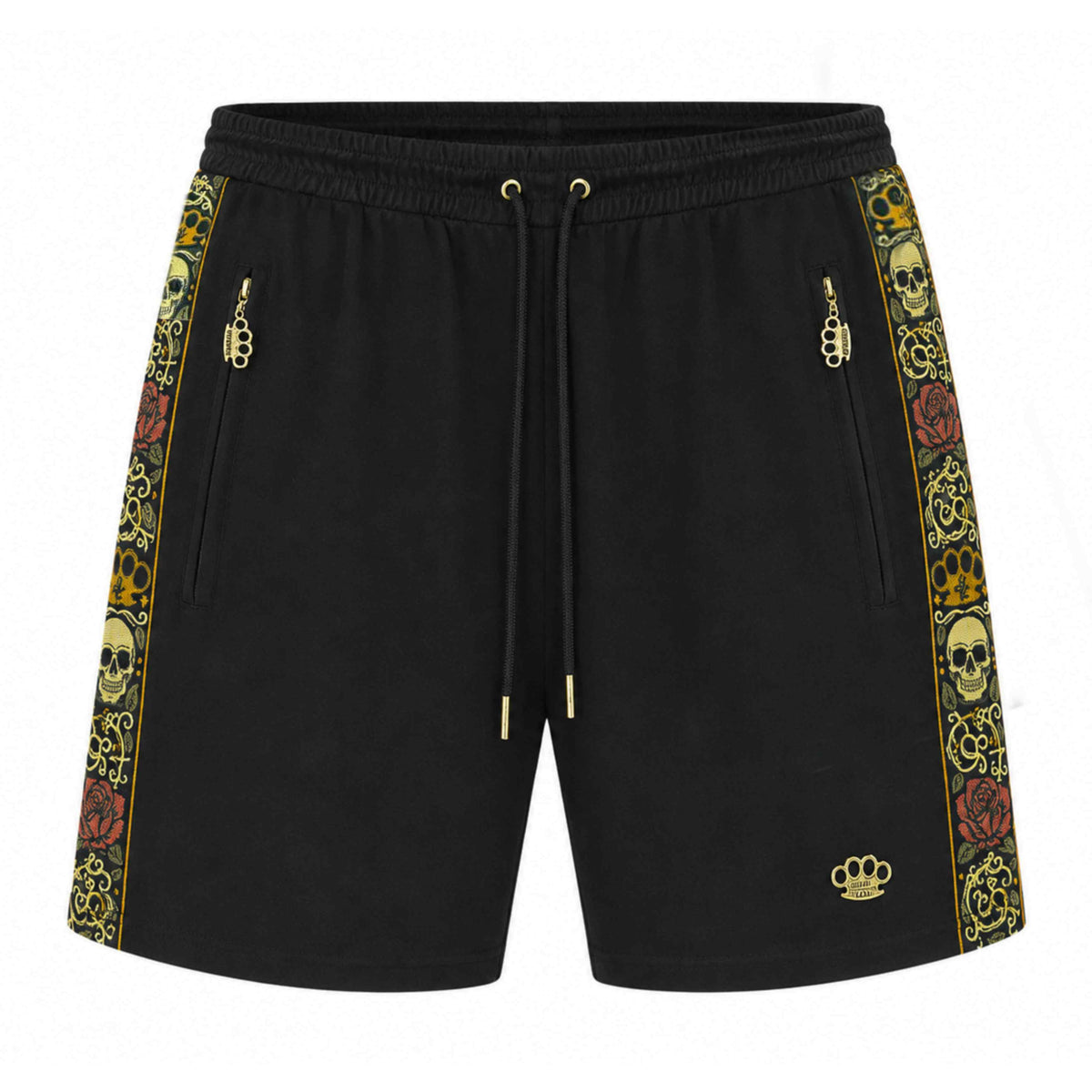 Mi Vida Loca Calavera korte broek zwart met geborduurde skull-band en gouden MVL logo, voorkant