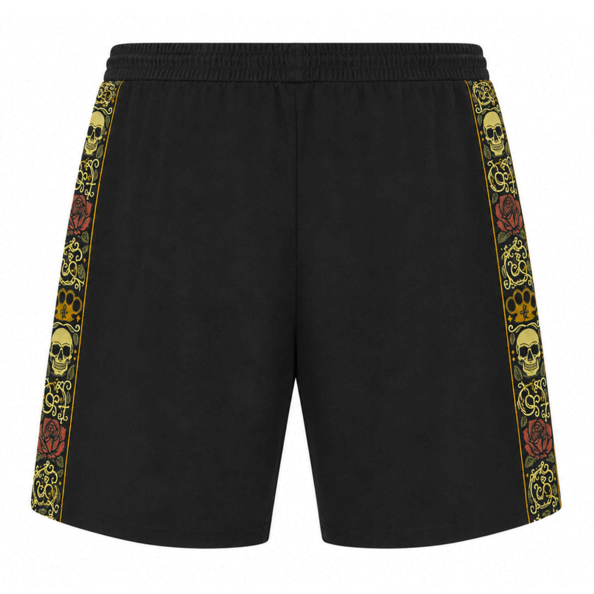 Pantalón corto jogger MVL Calavera negro, trasera con banda bordada de calaveras y rosas