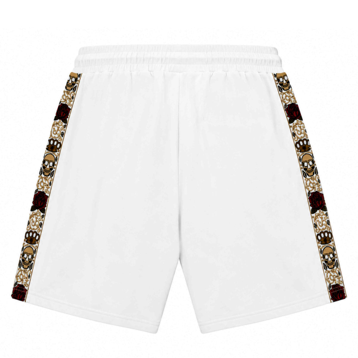 Parte trasera del pantalón corto Calavera blanco con bandas laterales de calaveras y rosas sobre fondo blanco