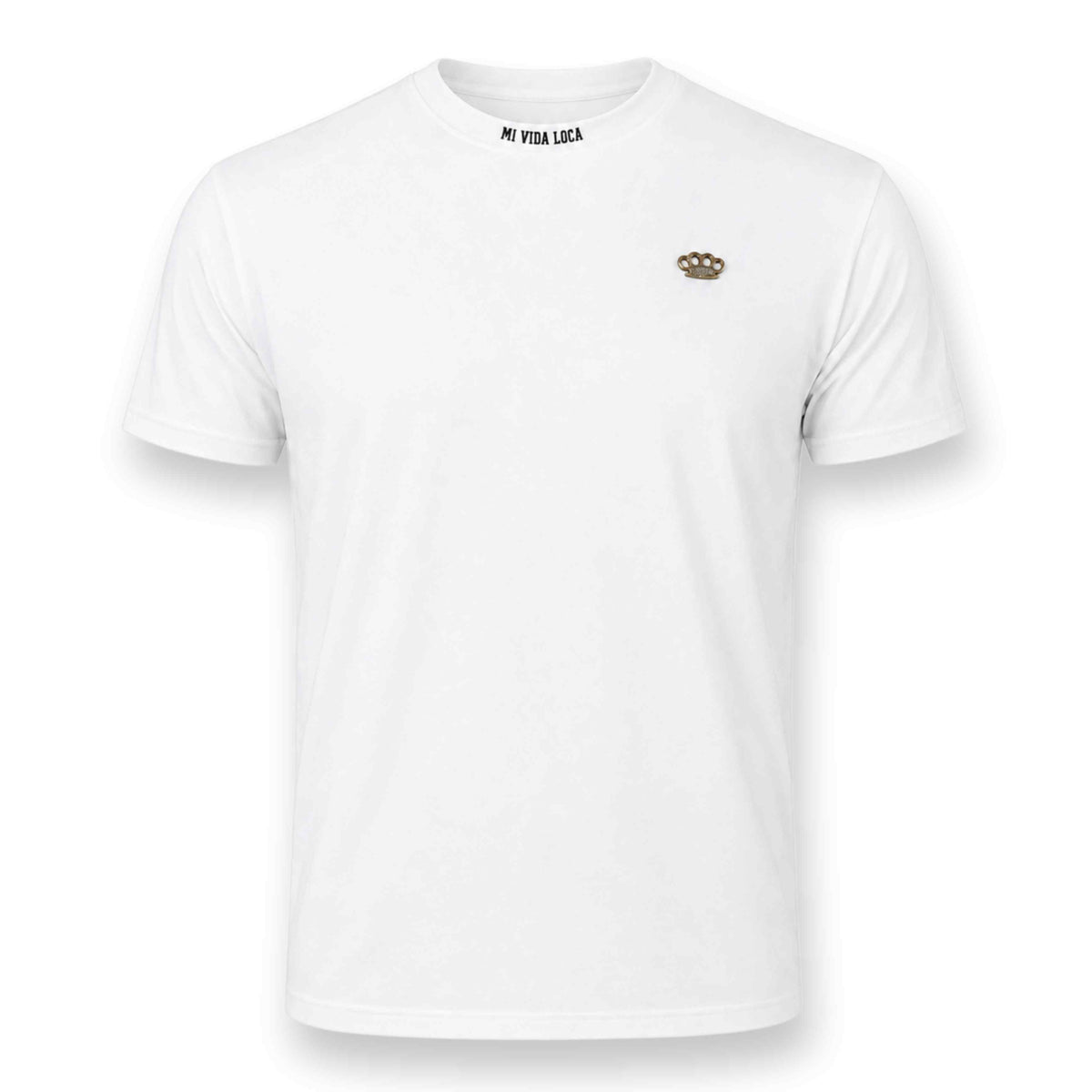 MVL Winning T-shirt wit met Mi Vida Loca tekst in de nek en gouden MVL logo, voorkant