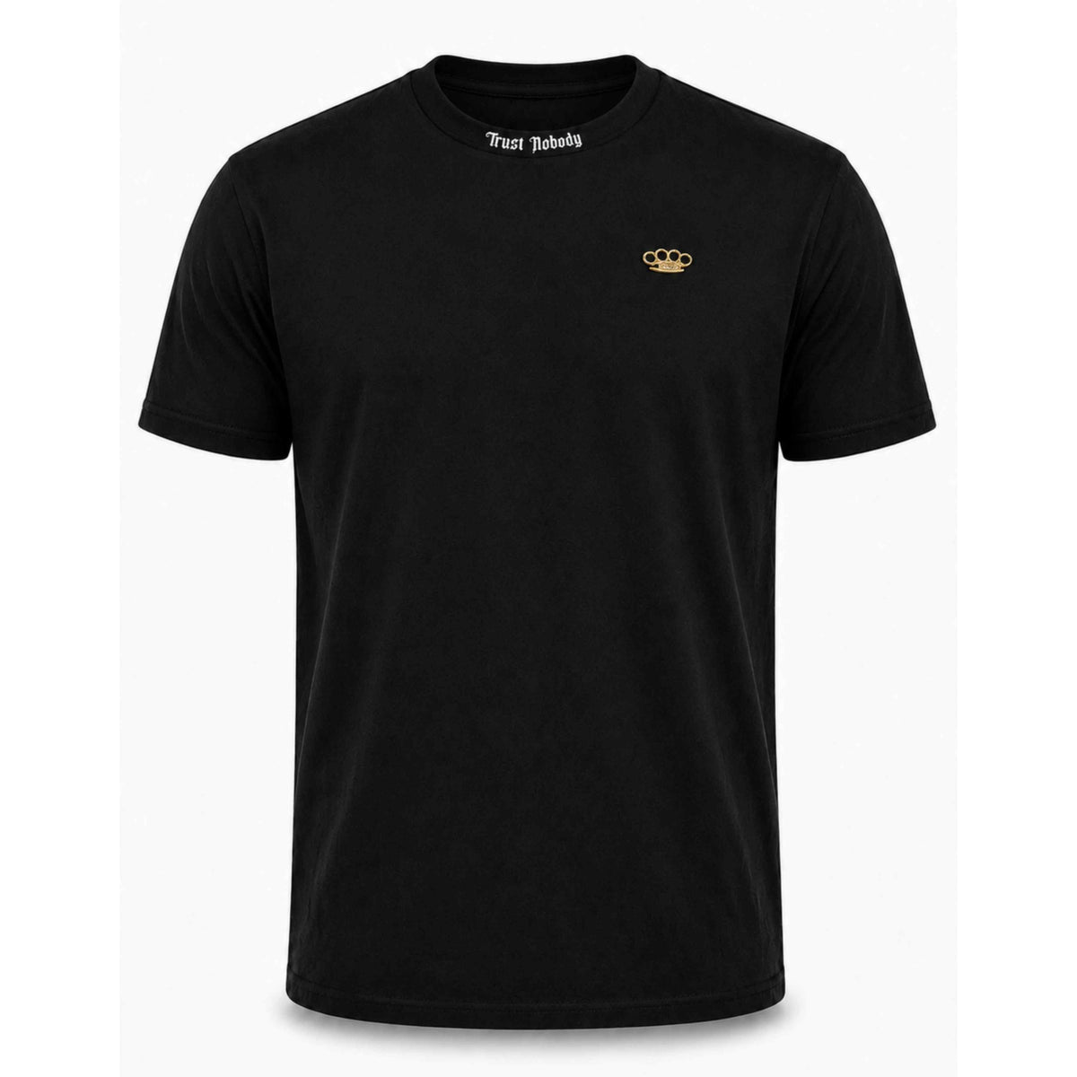 MVL Trust nobody back stab T-shirt zwart met tekst in de nek en MVL logo, voorkant