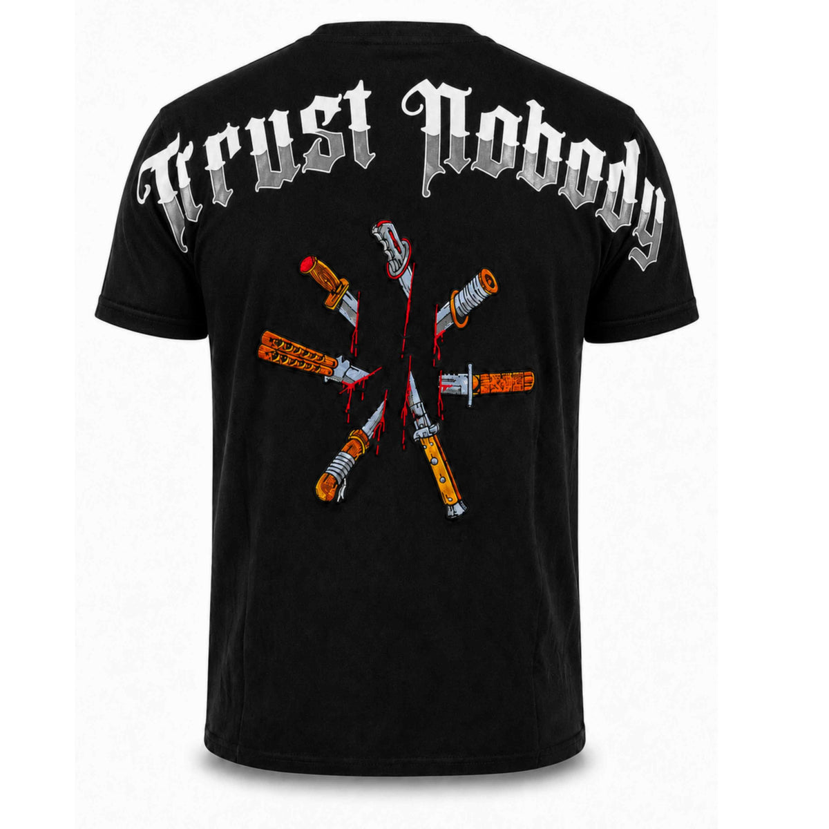 Mi Vida Loca Trust nobody back stab T-shirt zwart met messen backprint, achterkant