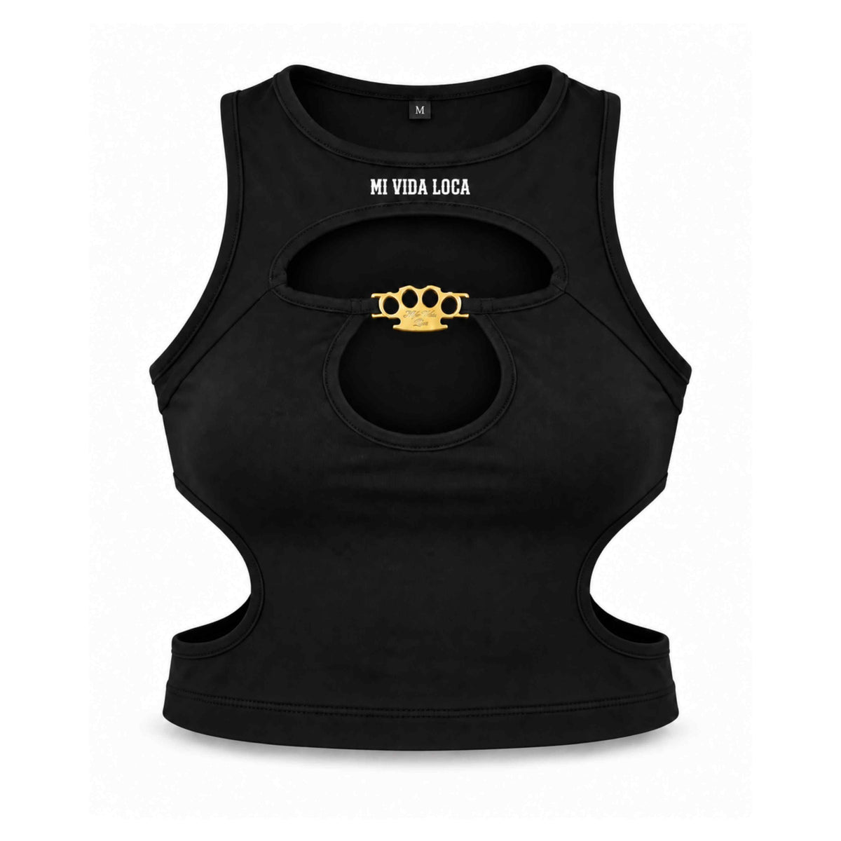 Voorkant van de zwarte MVL Bad intentions cropped top met cut-outs en gouden MVL logo op witte achtergrond