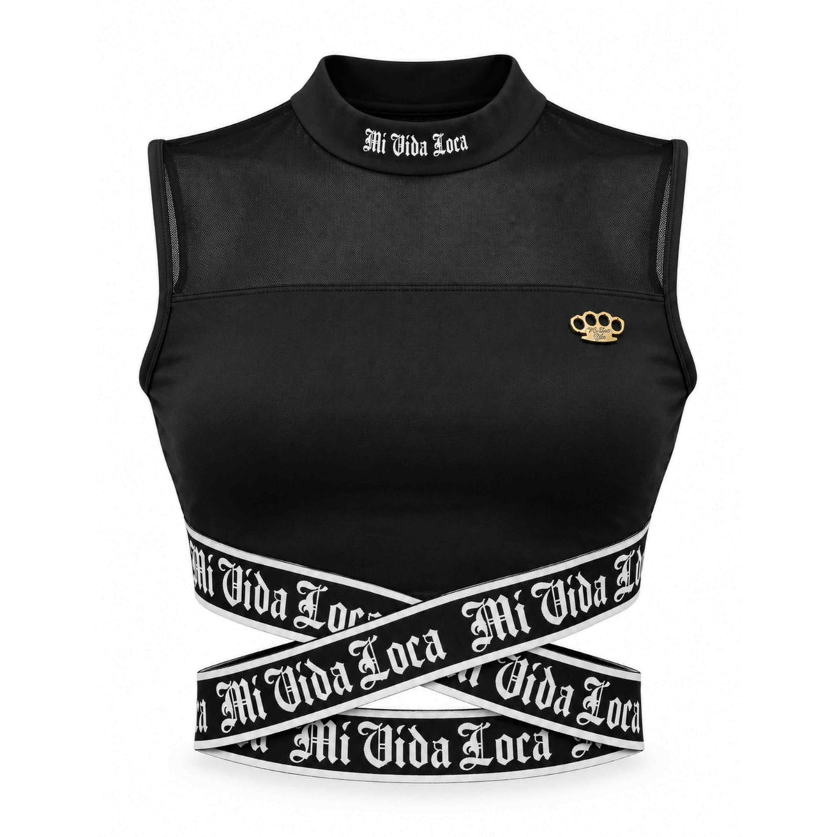 Signature Damen-Top schwarz, Vorderseite mit hohem Kragen, goldenem MVL-Logo und gekreuzten Mi Vida Loca Bändern