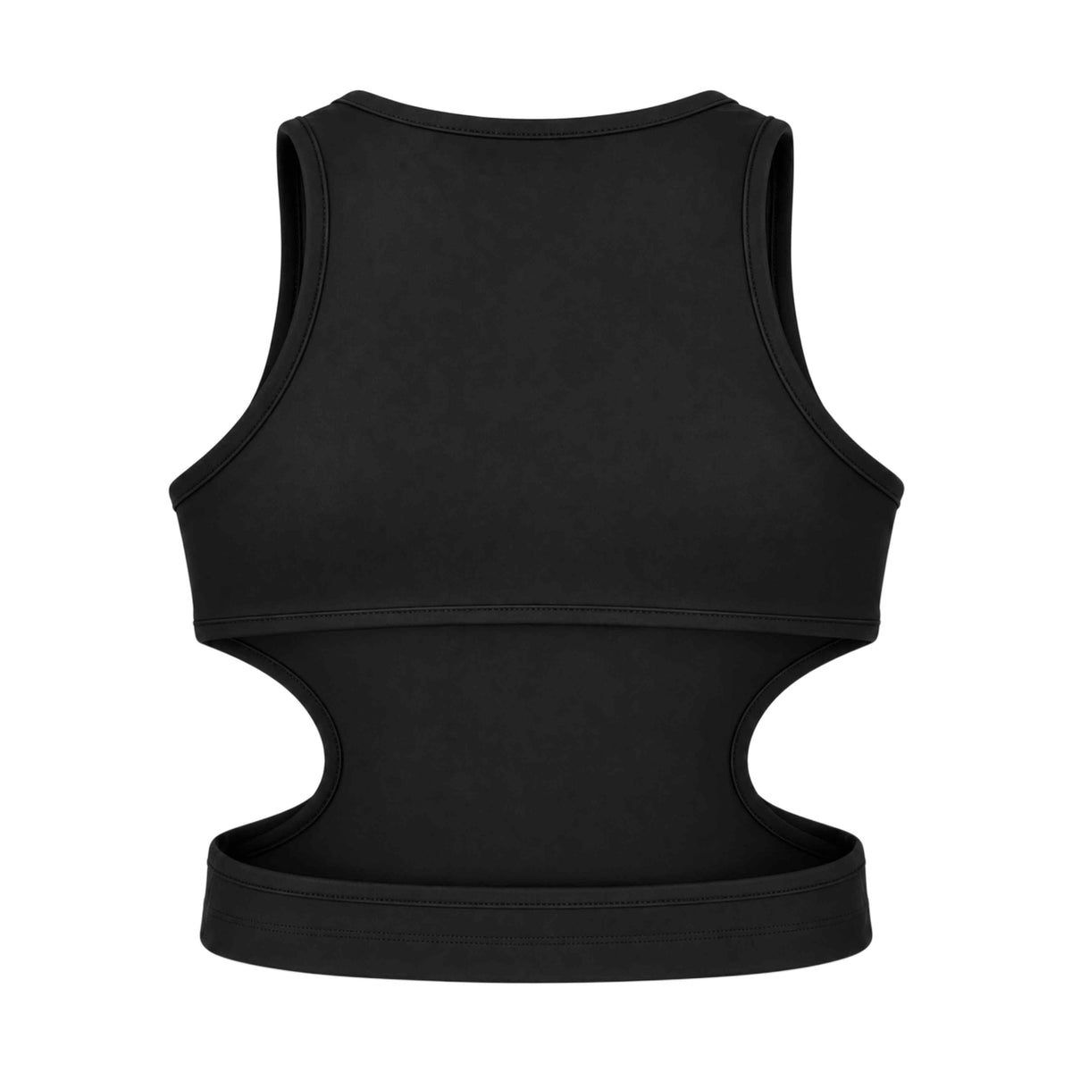 Achterkant van de zwarte Bad intentions dames top met open cut-out op de rug