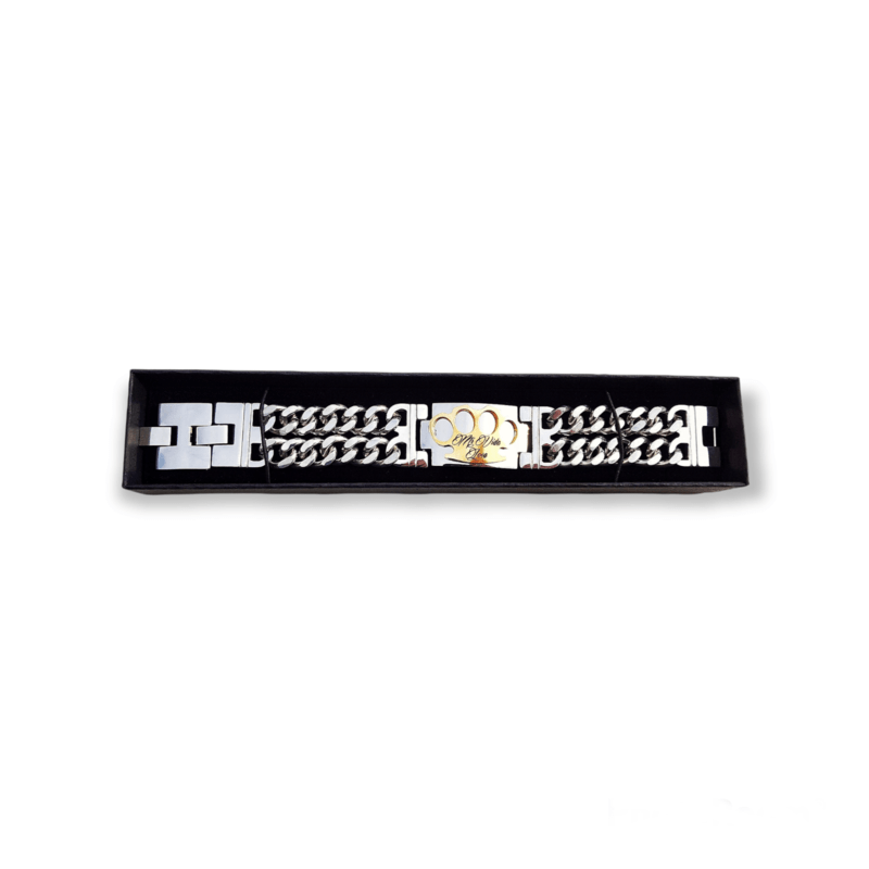 MVL bracelet in silver/gold in the black MVL gift box, top view