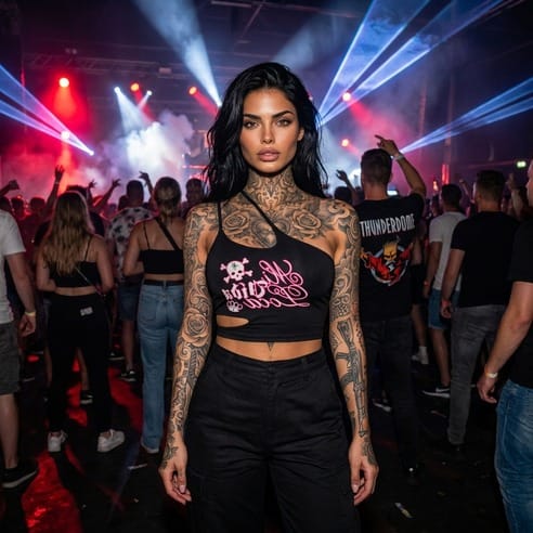 Top na jedno ramię Mi Vida Loca Babe Skull czarny z różowym nadrukiem, na modelce na imprezie
