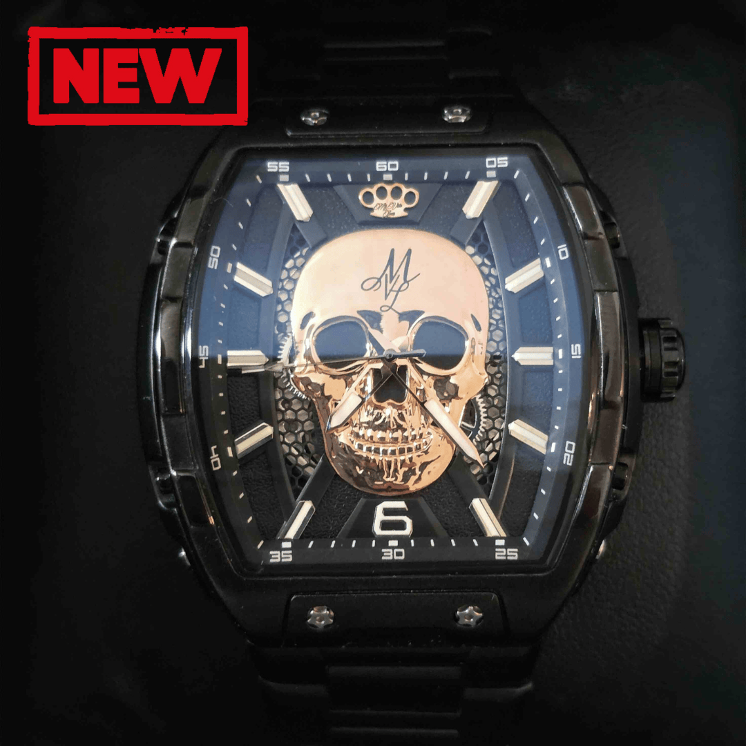 MVL Orologio automatico teschio movimento giapponese / cinturino in acciaio nero/nero