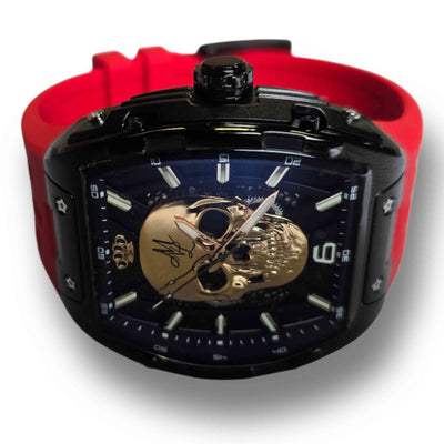 Reloj automático MVL con calavera, movimiento japonés / correa de silicona - negro/rojo