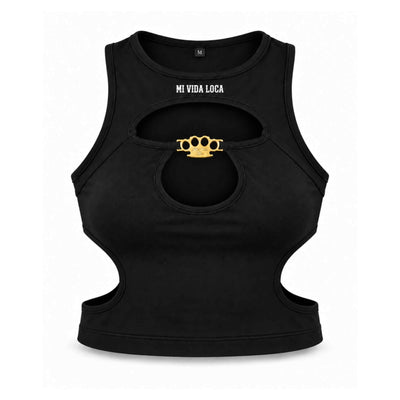 Front of the black MVL Bad intentions cropped top with cut-outs and gold MVL logo on a white background